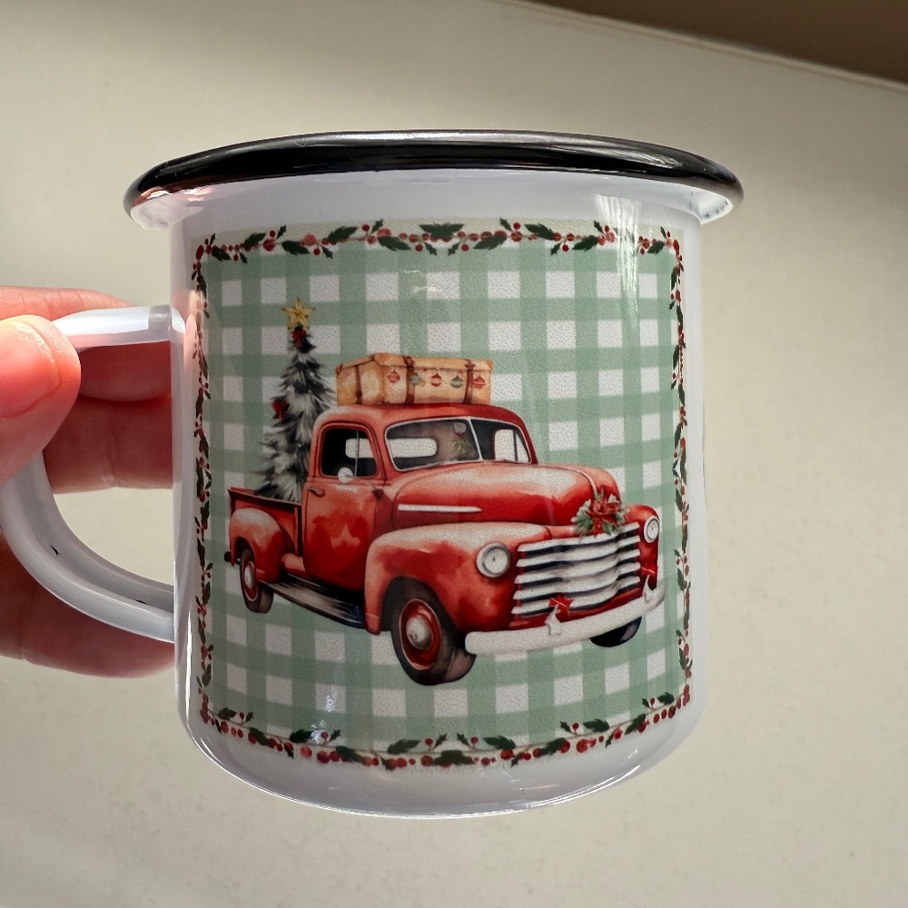 Christmas Holiday Enamel Camping Mug, Vintage Truck, Gifts for Him, Vintage Chri